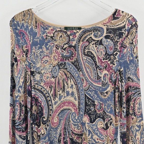 Ralph Lauren Womens Paisley Silk Top Size S Long Sleeve Boat Neck Comfort LRL - Picture 8 of 12